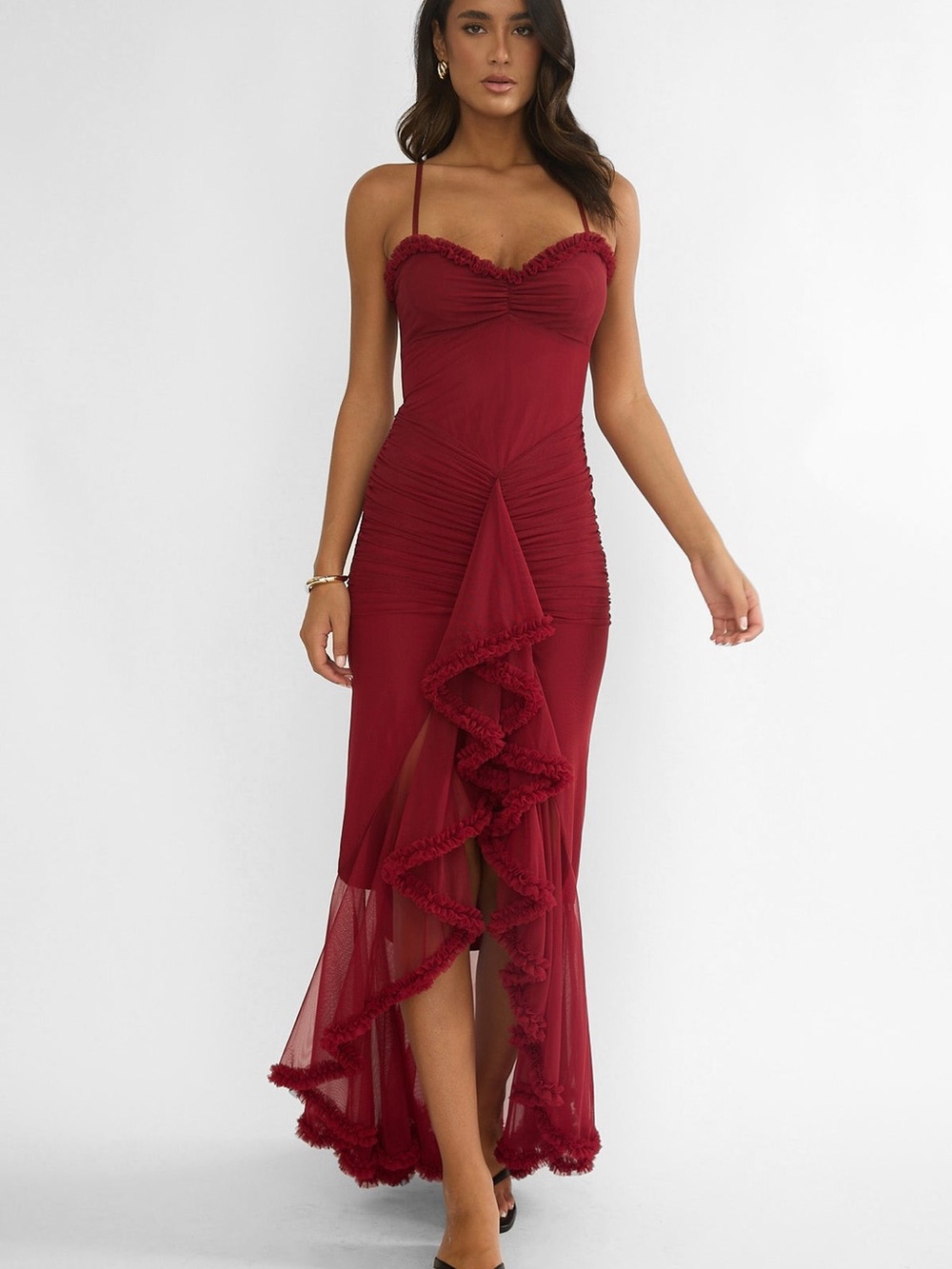 NWOT Gathered Waist Frill Trim Maxi Dress in Wine Sizes Medium & Large